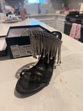 Azalea Wang Black Crystal Fringe Heeled Sandals